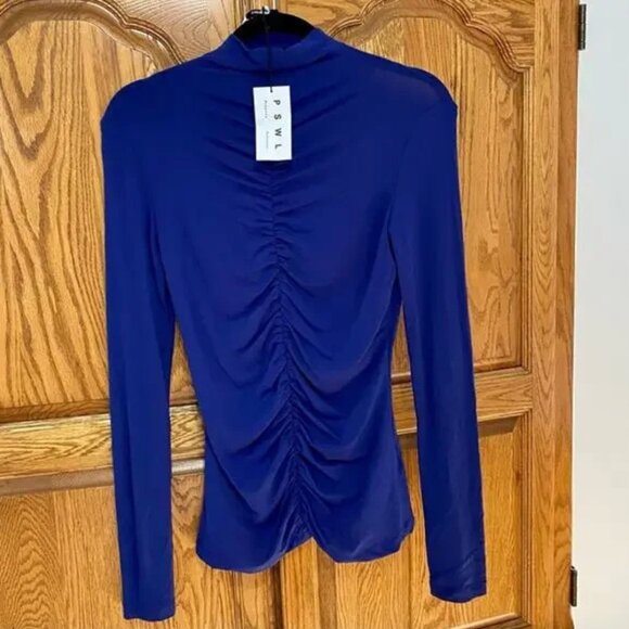 Proenza Schouler PSWL | Blue Ruched Turtleneck Top Open Back Tee - Picture 4 of 8